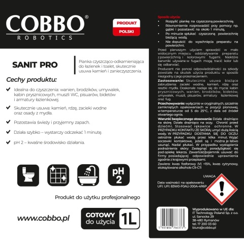COBBO Sanit PRO – profesjonalny płyn do mycia łazienek 1L COBBO Sanit PRO – profesjonalny płyn do mycia łazienek 1L