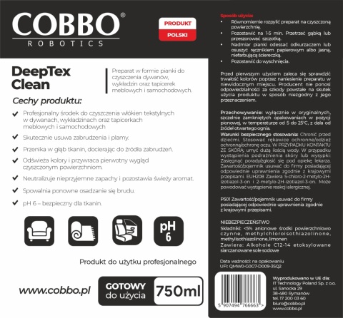 COBBO DEEPTEX CLEAN – pianka wysokopieniąca do czyszczenia tapicerki, dywanów i wykładzin