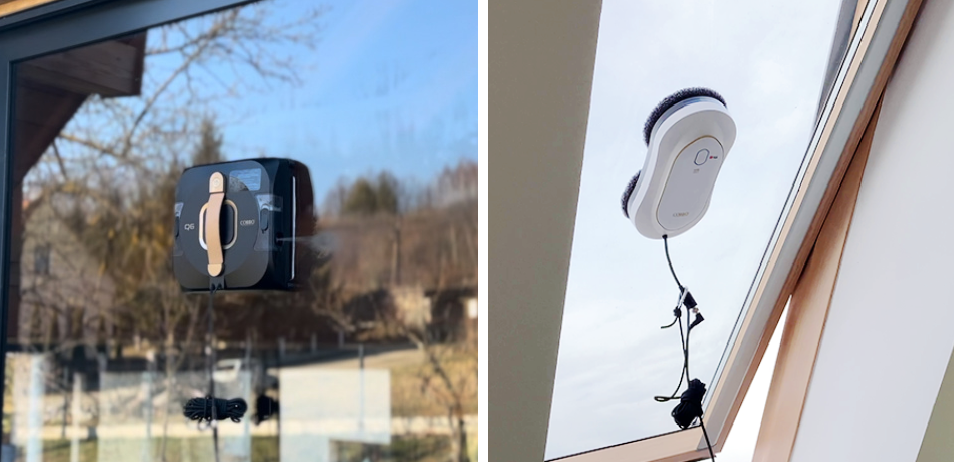 kolaż z kwadratowym robotem do mycia okien i okrągłym robotem do mycia okien, oba roboty pracują na oknach