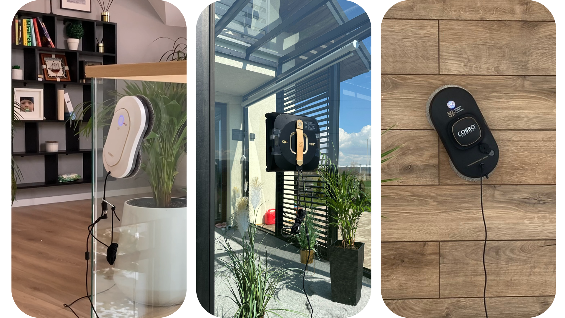 kolaż trzech zdjęć z r&oacute;żnymi modelami robot&oacute;w okiennych na r&oacute;żnych powierzchniach