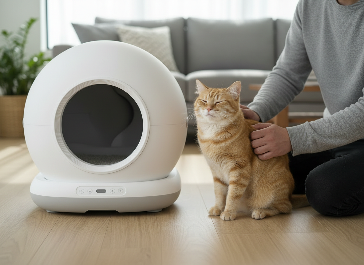 Samoczyszcząca kuweta COBBO stojąca w salonie, obok kuwety przechodzi rudy dorosły kot