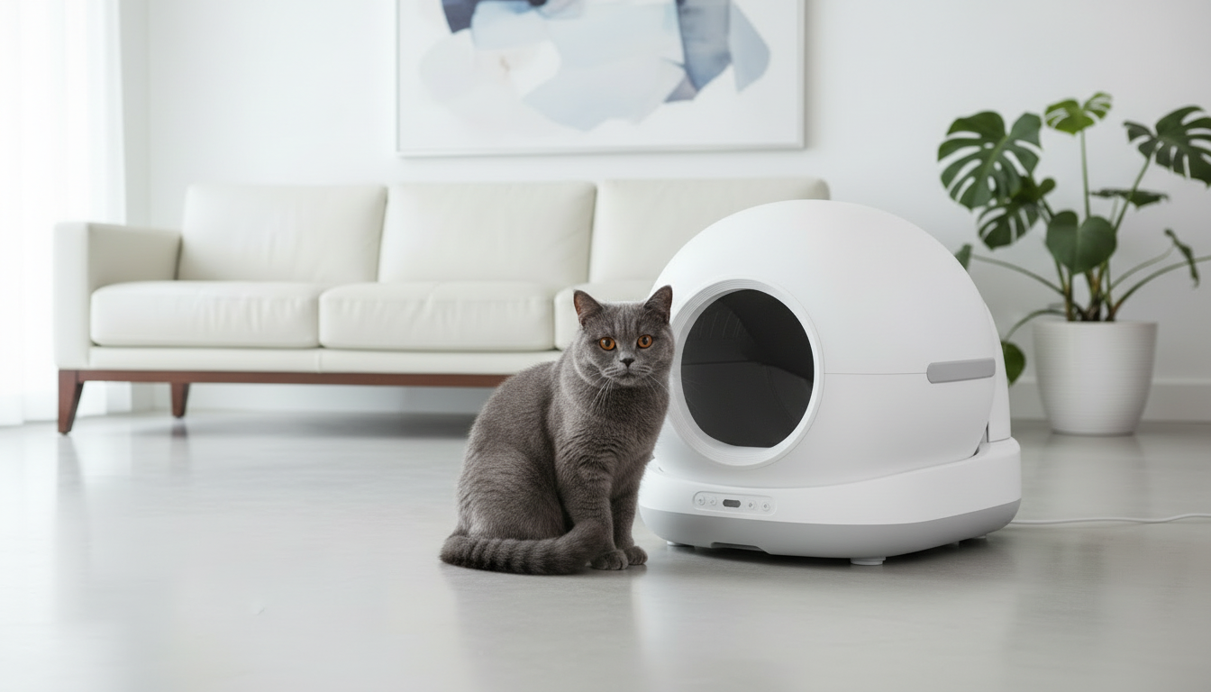 Automatyczna kuweta dla kota COBBO - biała kuweta w nowoczesnymm salonie, obok kuwety siedzi szary kot