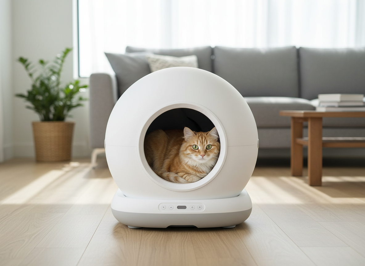 Samoczyszcząca kuweta COBBO w kolorze białym stojąca w salonie, wewnątrz kuwety lezy kot