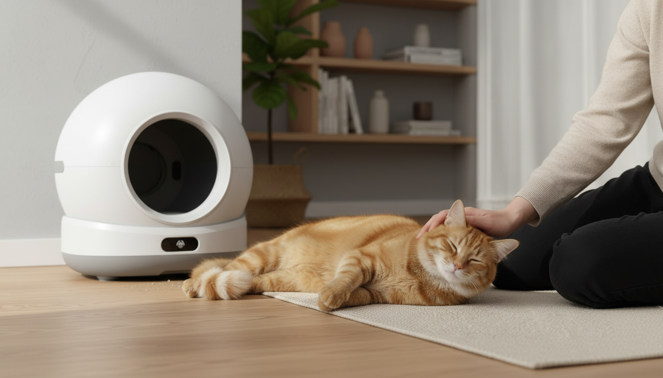 zdjęcie rudego kota przy kuwecie