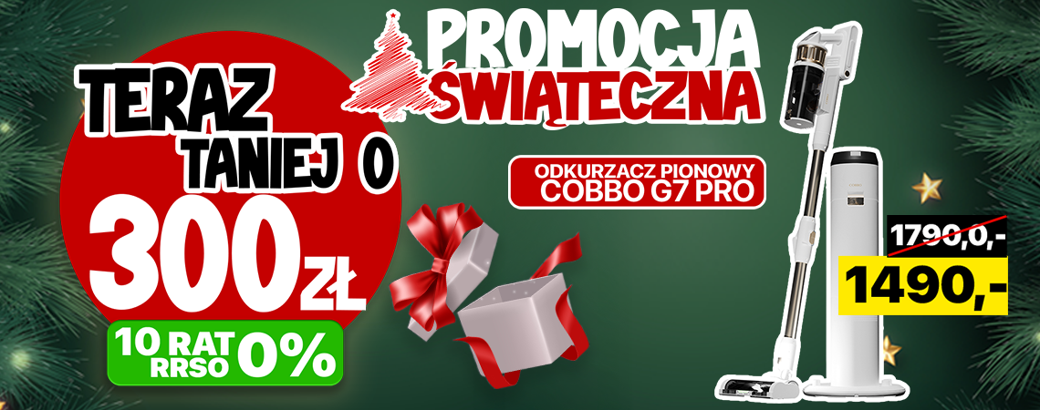 Grafika promocyjna przedstawiająca odkurzacz pionowy COBBO G7 Pro oraz napisy promocyjne "-300 złotych".