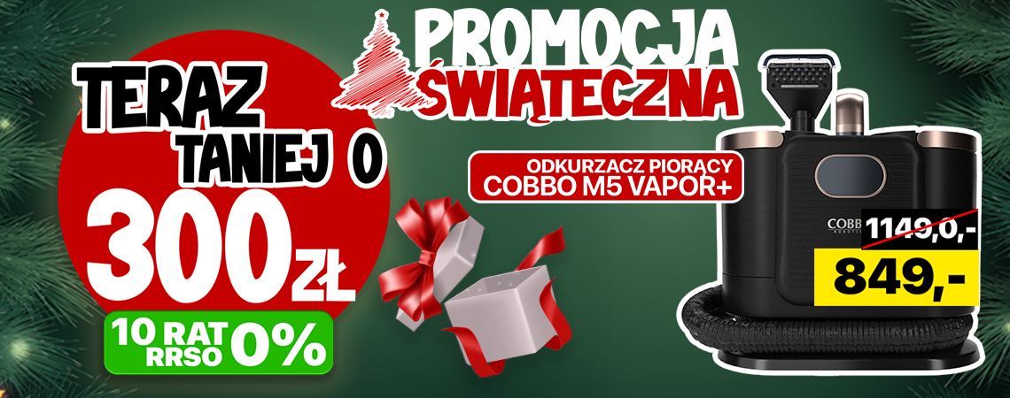Grafika promocyjna przedstawiająca odkurzacz piorący COBBO M5 Vapor+ oraz napisy promocyjne "-300 złotych".