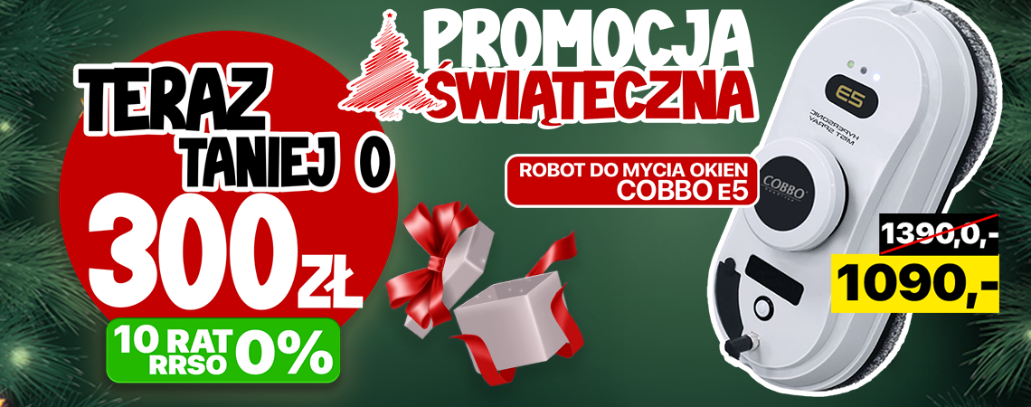 Grafika promocyjna przedstawiająca robota do mycia okien COBBO e5 oraz napisy promocyjne "-300 złotych".