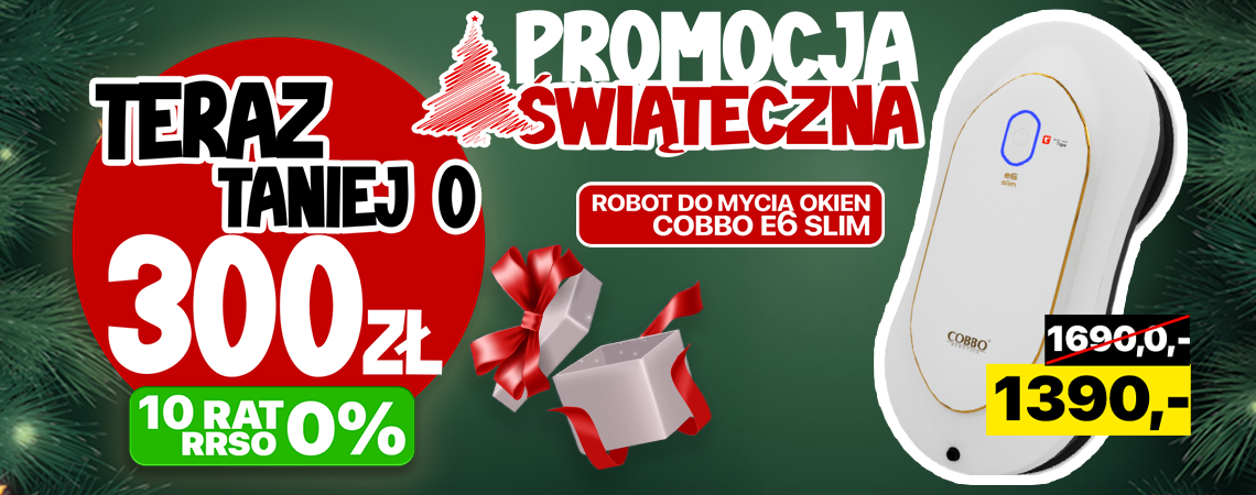 Grafika promocyjna przedstawiająca robota do mycia okien COBBO e6 Slim oraz napisy promocyjne "-300 złotych".