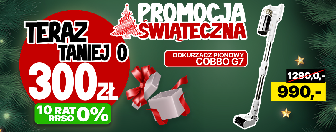 Grafika promocyjna przedstawiająca odkurzacz pionowy COBBO G7 oraz napisy promocyjne "-300 złotych".