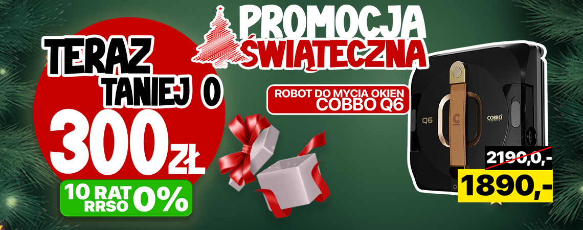 Grafika promocyjna przedstawiająca robota do mycia okien COBBO Q6 oraz napisy promocyjne "-300 złotych".